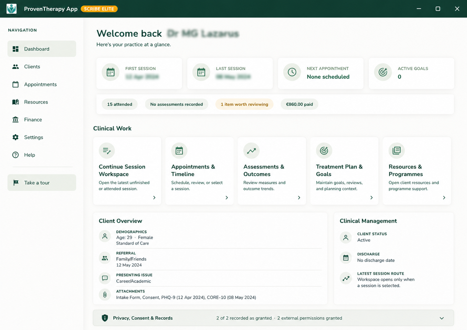 ProvenTherapy Client Hub — clinical overview with session notes, appointments, assessments, and goals
