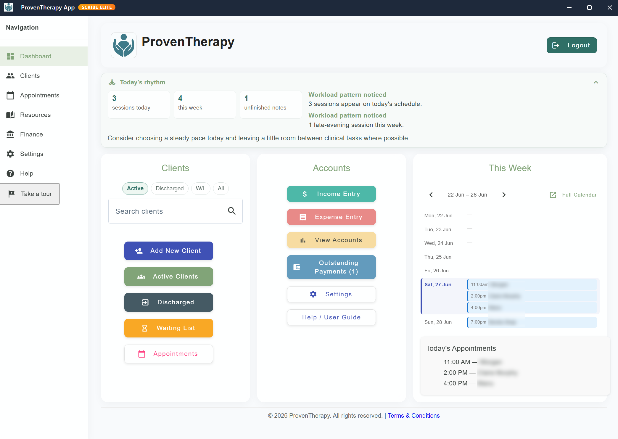 ProvenTherapy Dashboard — today's rhythm, clients, accounts, and the week's schedule at a glance