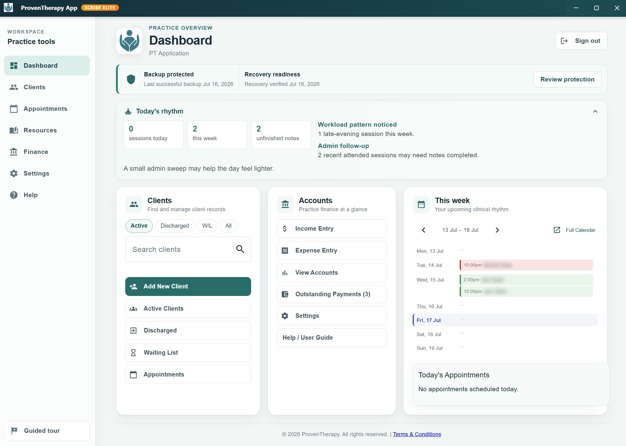 ProvenTherapy Dashboard — today's rhythm, clients, accounts, and the week's schedule at a glance