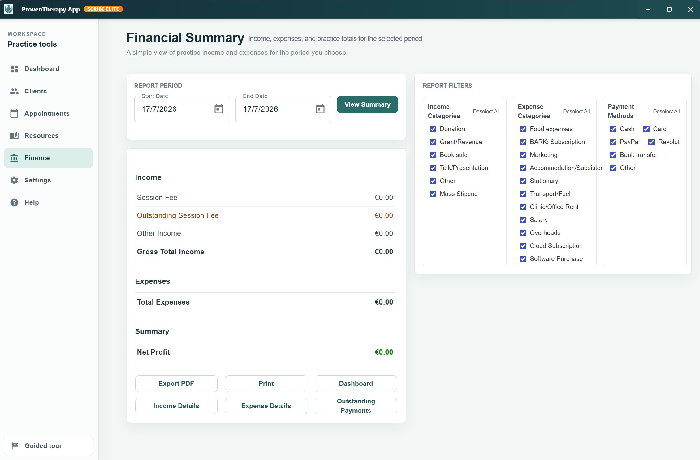 ProvenTherapy financial summary and report filters
