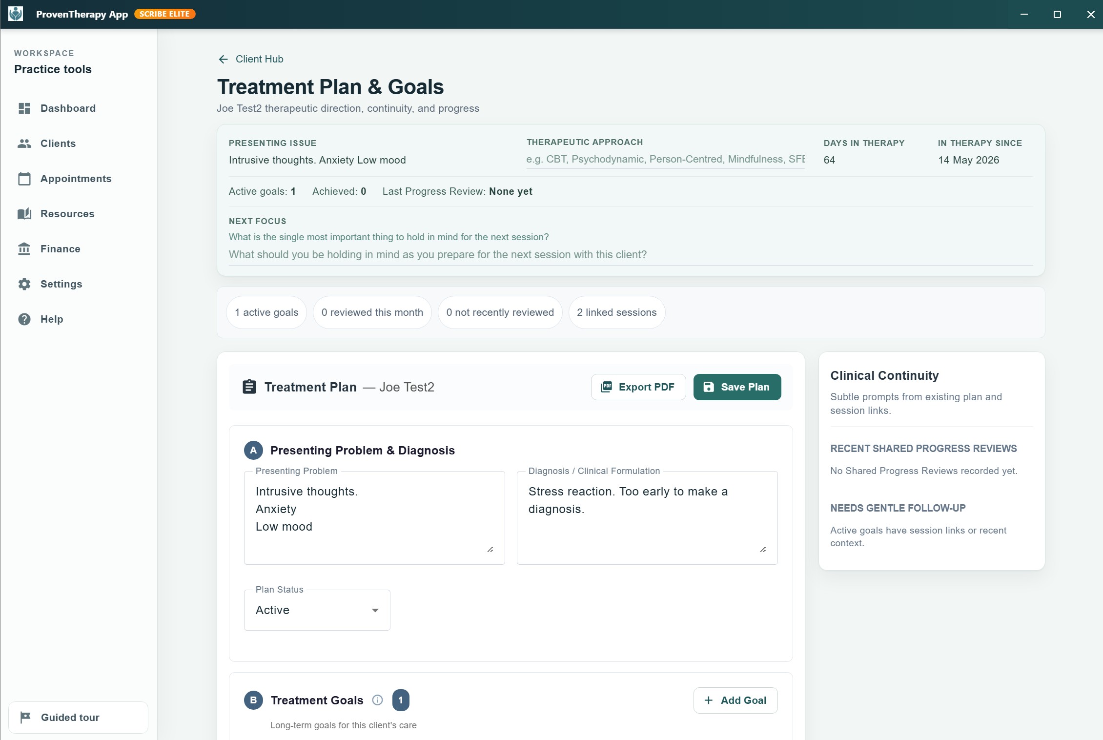 ProvenTherapy Treatment Plan and Goals workspace