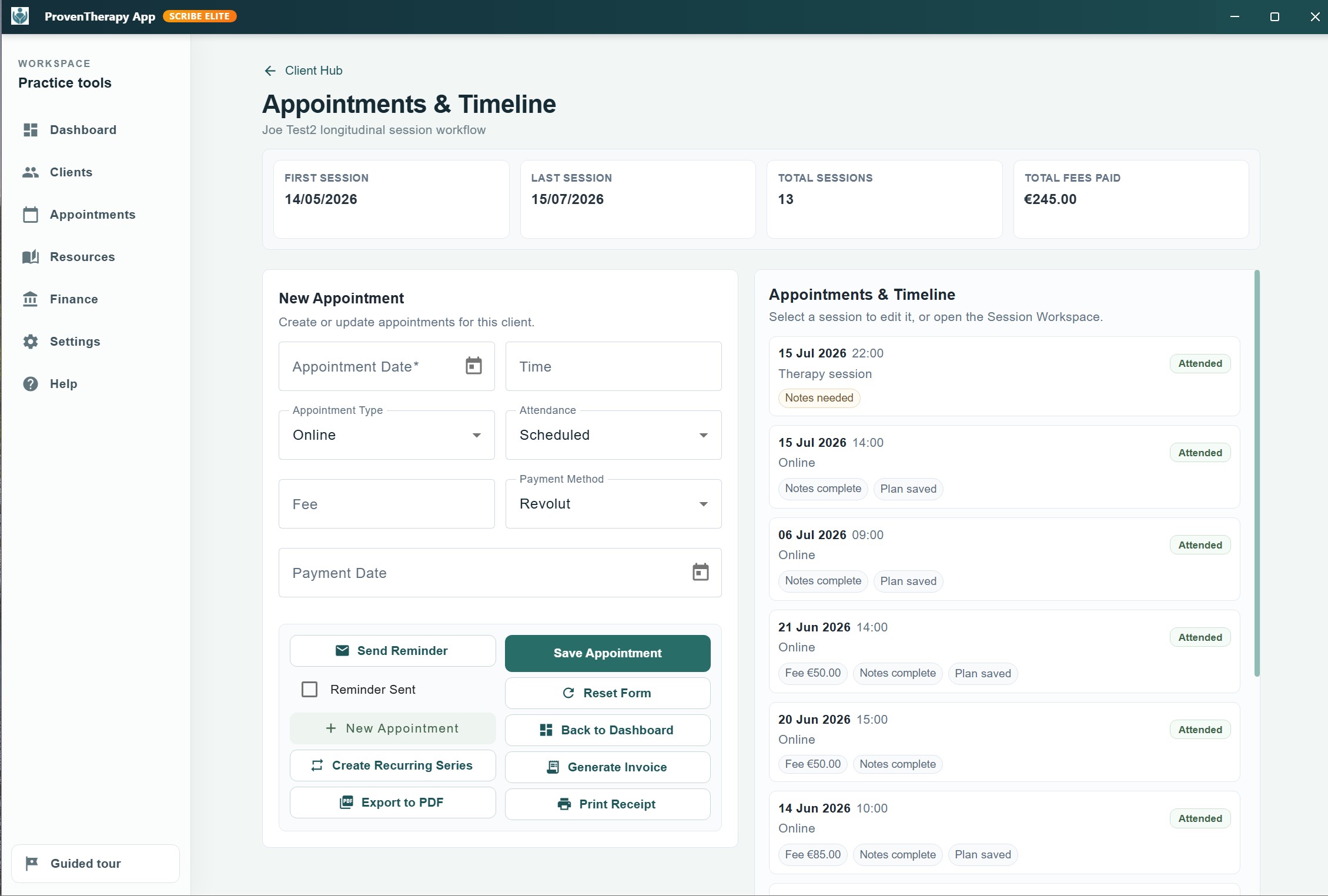 ProvenTherapy Appointments and Timeline screen showing session continuity