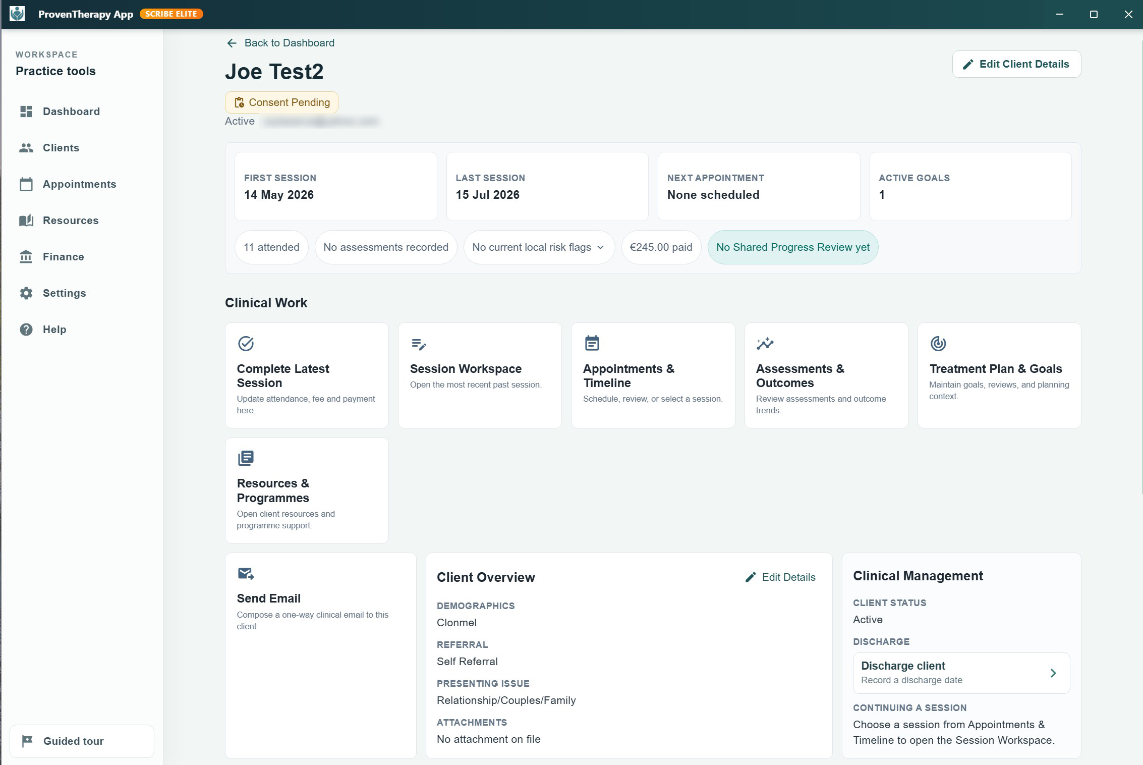 ProvenTherapy Client Hub — clinical overview with session notes, appointments, assessments, and goals