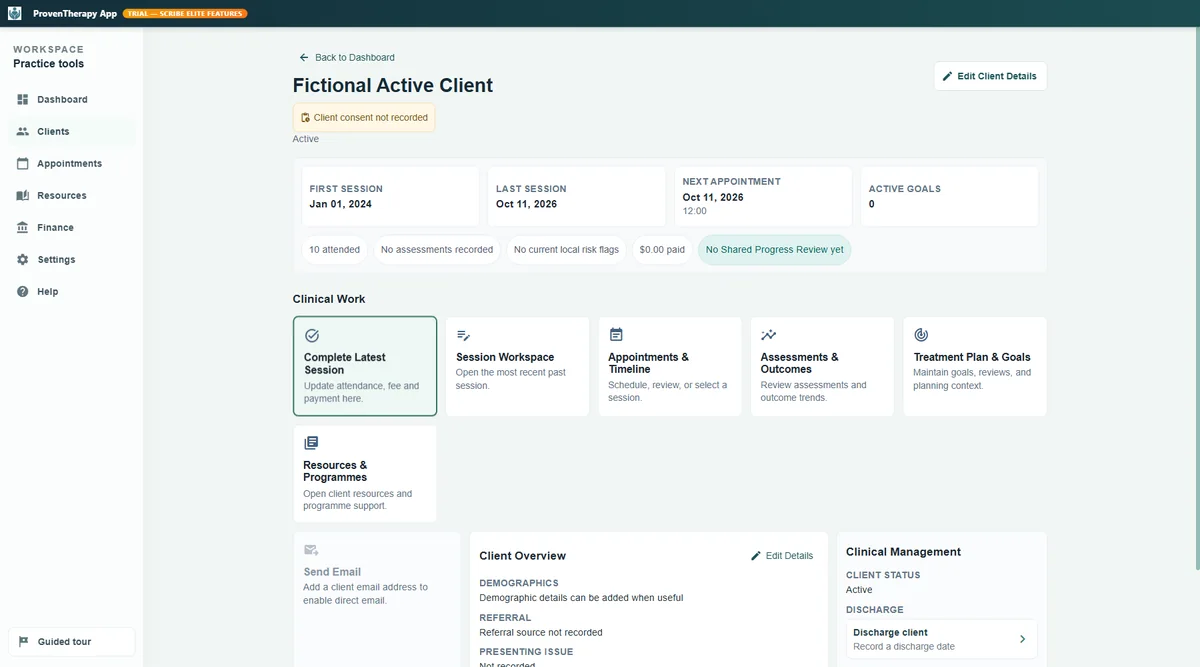 ProvenTherapy Client Hub — clinical overview with session notes, appointments, assessments, and goals