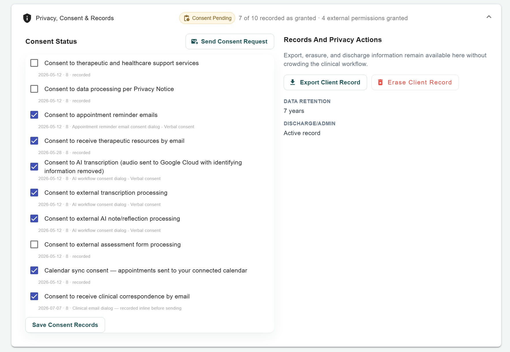 ProvenTherapy Privacy, Consent and Records panel
