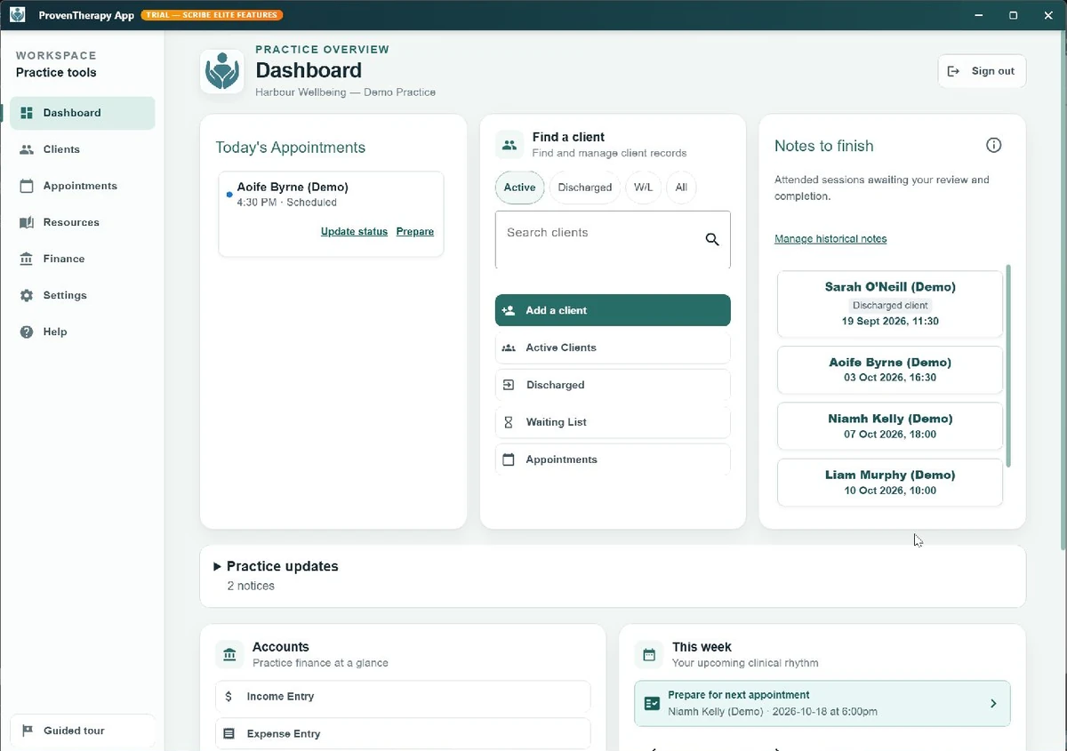 Current ProvenTherapy dashboard showing fictional demonstration clients, appointments and notes to finish