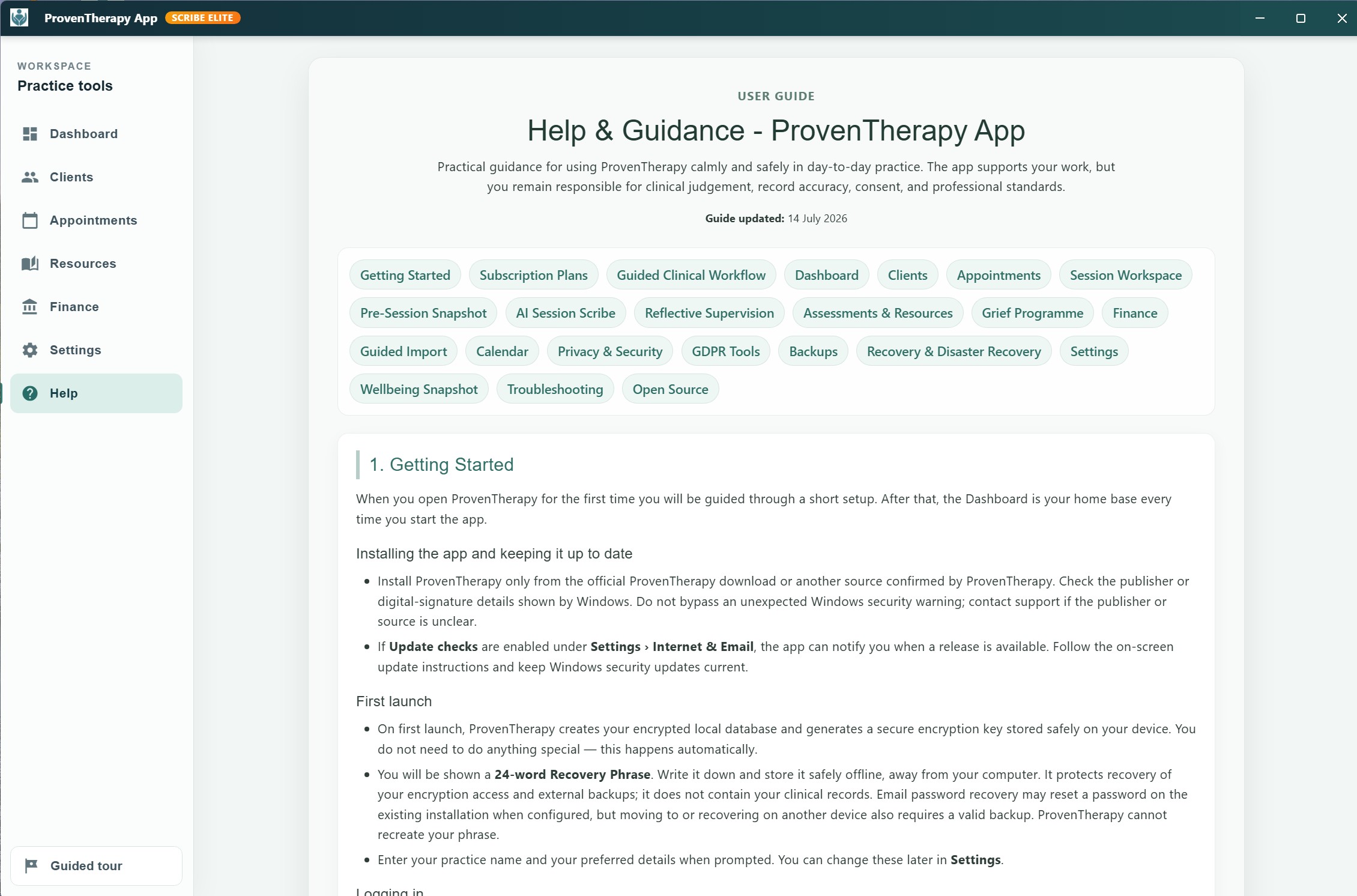 ProvenTherapy Help and Guidance page