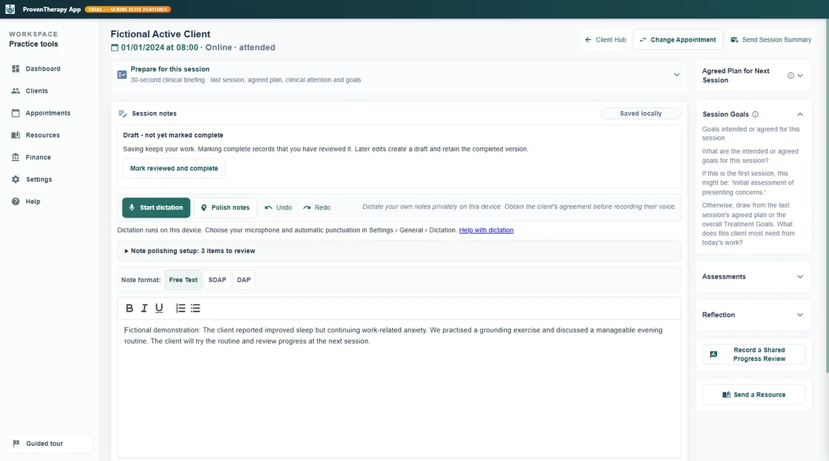 Session Workspace with structured notes, dictation and treatment goals