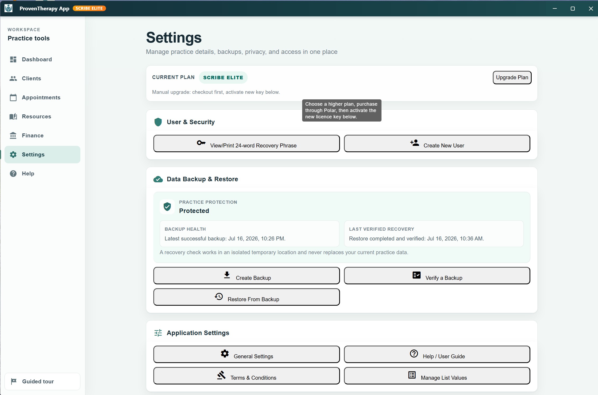 ProvenTherapy settings with backup and recovery health