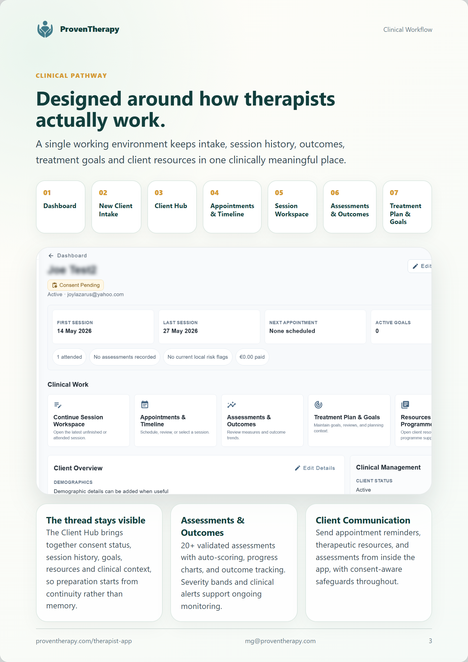 Clinical workflow — designed around how therapists actually work
