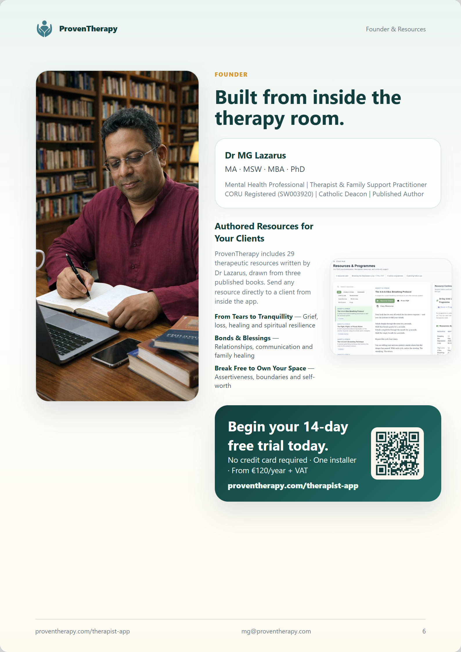 Built from inside the therapy room — Dr MG Lazarus, founder and resources